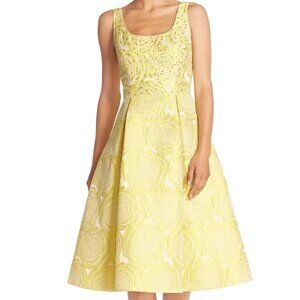 ADRIANNA PAPELL Plus 14W yellow jacquard sequin embroidered fit & flare Dress